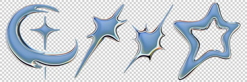 3D chrome y2k star set, cosmic holographic metal objects, liquid Stock Illustration
