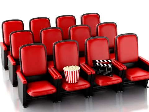3d Cinema clapper board and popcorn on theater seat. Stock Illustration