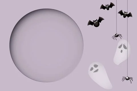 3D circle frame paper cut style with Halloween ghost, bats and spider on pu.. Stock Illustration