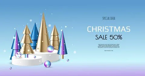 3D circle podium display with Christmas tree. Winter holiday background. Stock Illustration