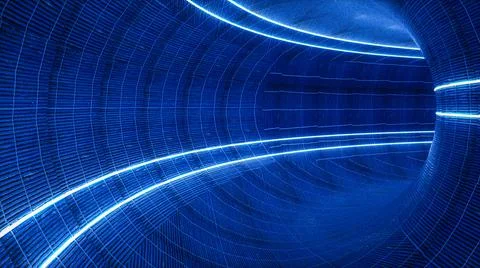 3D circular abstract tunnel with glowing neon light lines. textured walls. 3d Illustrazione stock