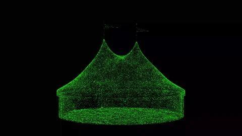 3D circus tent with flags on black background. Object consisting green flic.. Ilustración de archivo