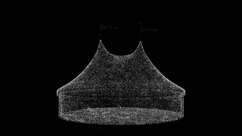 3D circus tent with flags rotates on black background. Object consisting white Stock Footage 240081305