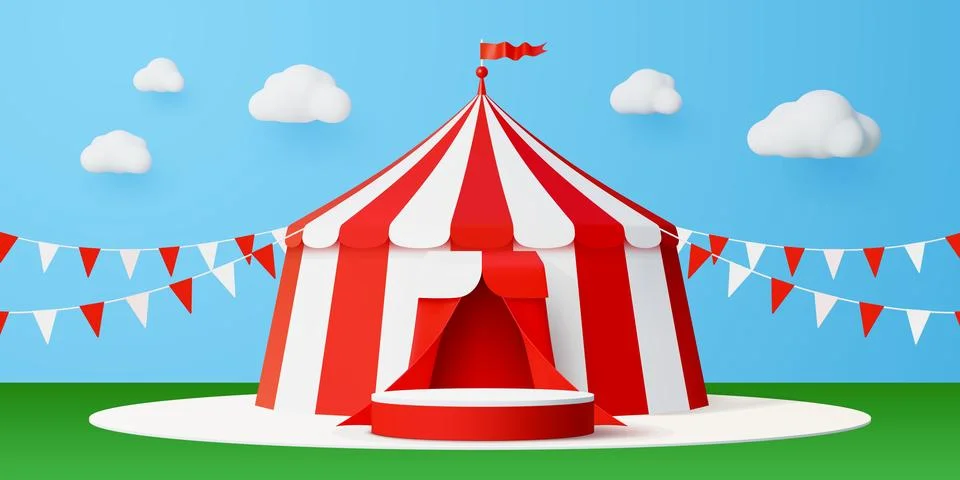 3d circus vector podium stage with big top tent Ilustração Stock