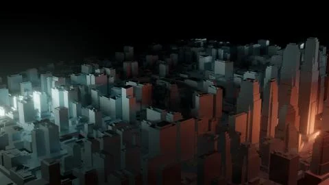 3d city with bright flashes on a dark background Ilustración de archivo