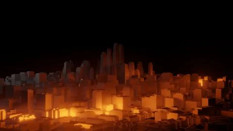 3d city with bright red flashes on a dark background Ilustración de archivo