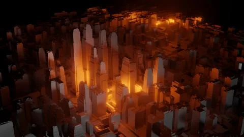 3d city with bright red flashes on a dark background Ilustración de archivo