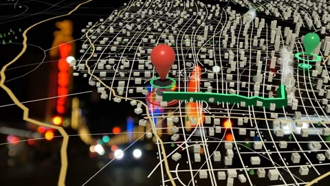 3D city map appearing over blurred night, red pin rising, green route growing Stock Footage 339448558