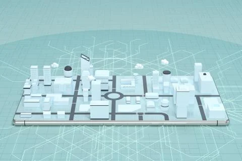 3d city on the mobile phone screen, 3d rendering. Stock Illustration