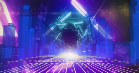 3D city model over binary coding against glowing tunnel Stock Footage 139536835