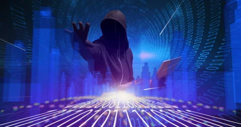 3D city model over binary coding against hacker in hood Stock Footage 139887307