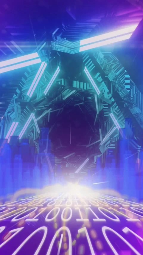 3D city model over binary coding against glowing tunnel Stock Footage 320228547
