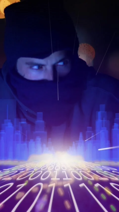 3D city model over binary coding against male hacker using laptop Stock Footage 323783467