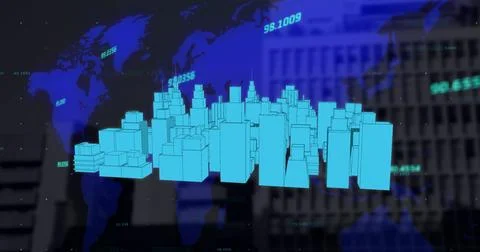 3d city model spinning over world map against tall buildings in background Ilustración de archivo