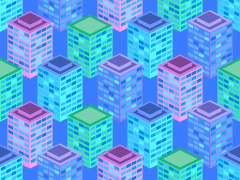 3d city seamless pattern. Isometric city buildings. Angled view of the city.. Stock Illustration