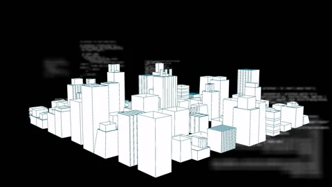 3D cityscape animation with programming code overlay on black background Stock Footage 303590069