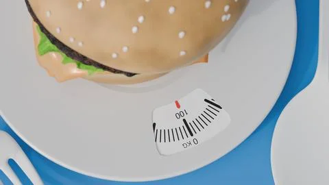 A 3d classic hamburger on a dinner plate scale. Ilustração Stock