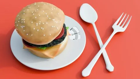 A 3d classic hamburger on a dinner plate scale. Ilustração Stock