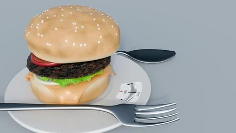 A 3d classic hamburger on a dinner plate scale. Ilustração Stock
