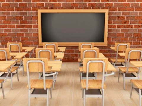 3d classroom with chairs and chalkboard. Stock Illustration
