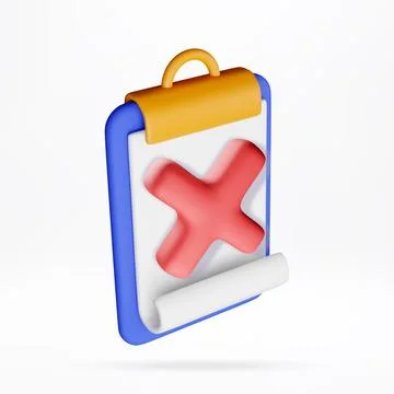 3d clipboard with red cross mark on white paper. Stock Illustration