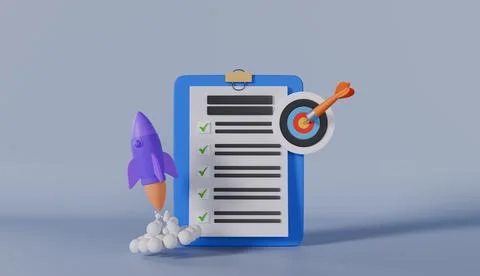 3d clipboard with todo checklist target on aim with rocket for business growth Illustrazione stock