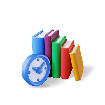 3d Clock and Stack of Books Isolated Stock Illustration
