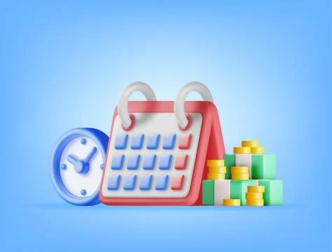 3D Clock, Calendar and Dollars, Golden Coins Stock Illustration