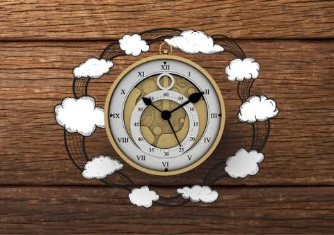 3D Clock with Cloud illustrion drawings against wood 스톡 일러스트