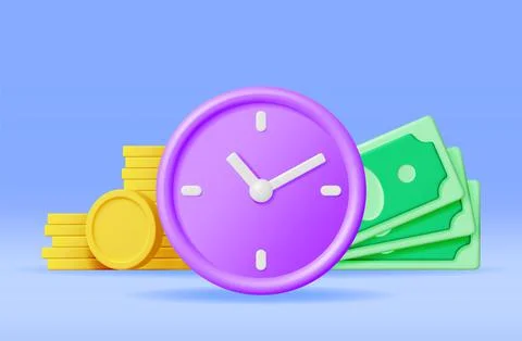 3D Clock with Dollar Banknotes and Coins Stock Illustration