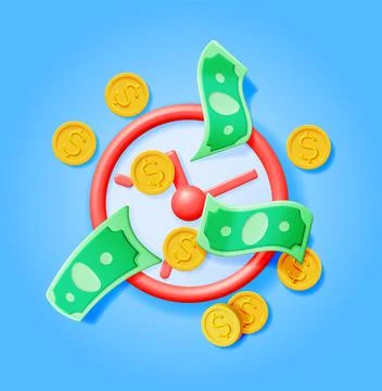 3D Clock with Dollar Banknotes and Coins Stock Illustration