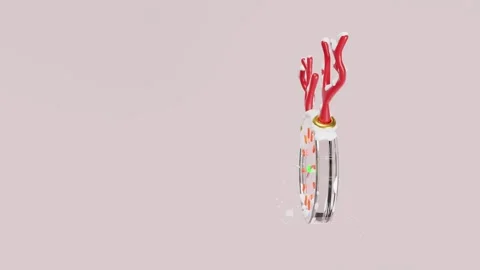 3d clock glass spinning around with antlers, falling snow isolated on pink .. Stock Footage 294291191