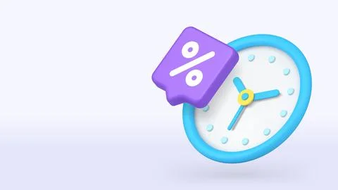 3d clock icon with blue hands and purple percent sign represents time efficie Stock Illustration