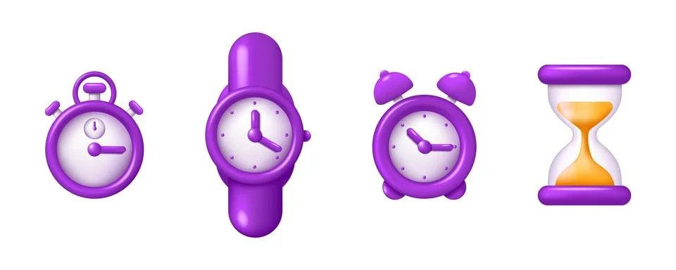 3D clock. Time measurement. Timer icons. Speed watch. Hourglass and wristwatch Stock Illustration