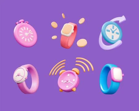 3D clock. Watch icon. Render timepiece. Alarm timer. Stopwatch and wristwat.. Stock Illustration