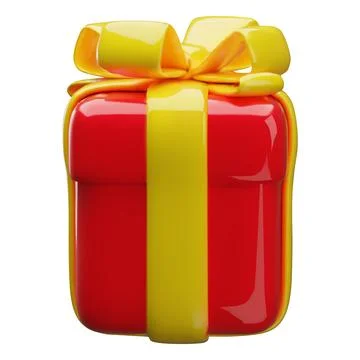 3D close red gift box with yellow ribbon bow vector icon, festive surprise Stock Illustration