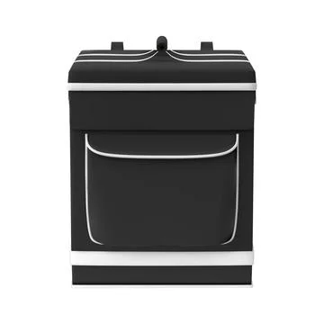 3D closed food delivery backpack, black with white stripes and a pocket, front Stock Illustration