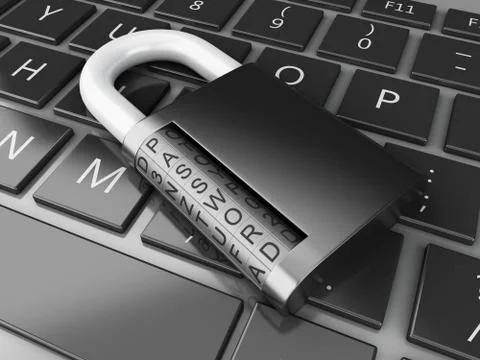3d closed Padlock on computer keyboard. Illustrazione stock