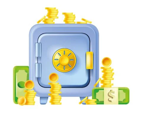 3D closed safe, isolated vault, golden coin stack, vector bank money iron box Stock Illustration