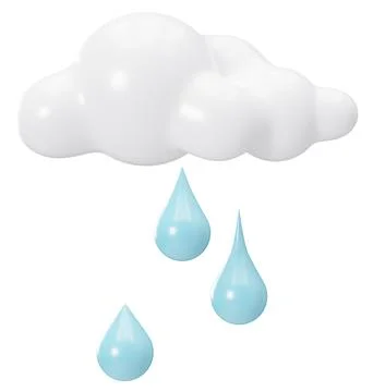 3D cloud and rain drops isolated on white background. Cut out design element Stock Illustration