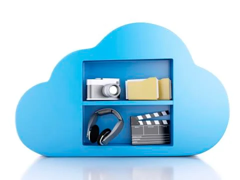 3d cloud computing concept with multimedia icons on white background. Illustrazione stock