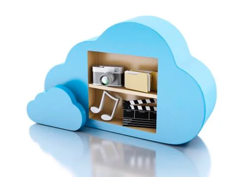 3d cloud computing concept with multimedia icons on white background. Stock Illustration