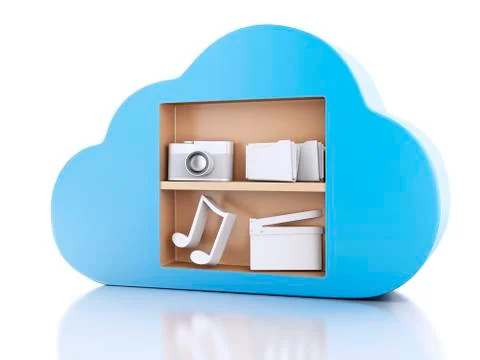 3d cloud computing concept with multimedia icons on white background. Stock Illustration