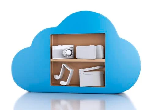 3d cloud computing concept with multimedia icons on white background. Illustrazione stock