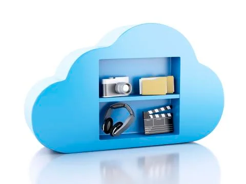 3d cloud computing concept with multimedia icons on white background. Stock Illustration