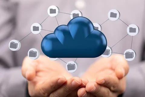 3D cloud computing icons above a male's hands Stock Photos