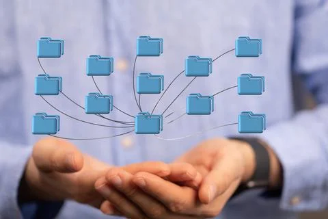 3D cloud computing icons above a male's hands Stock Photos