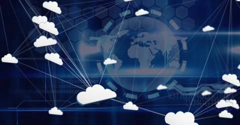 3D cloud connected icons with blue world planet background Illustrazione stock