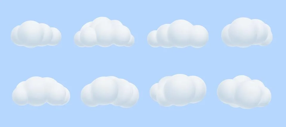 3d cloud. Cotton cute render heaven balloons in sky isolated on blue backgrou Stock Illustration
