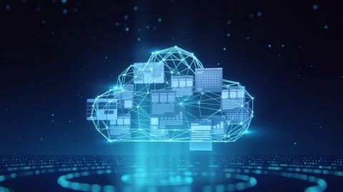 3D Cloud Document Storage with Glowing Wireframe Network on Dark Blue Background Stock Footage 335642772